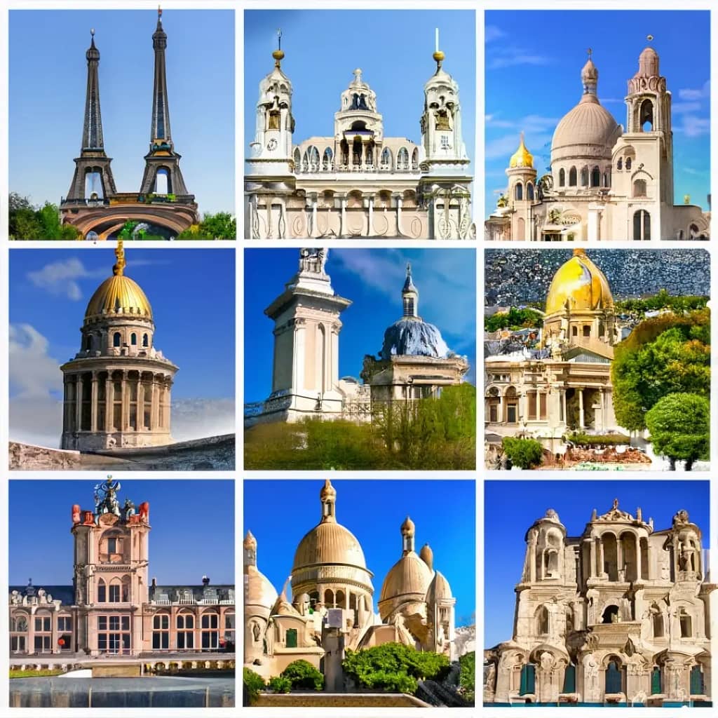 Kolaż głównych miast Francji: Paryż, Nicea, Marsylia, Strasburg, ich unikalny charakter i piękno.